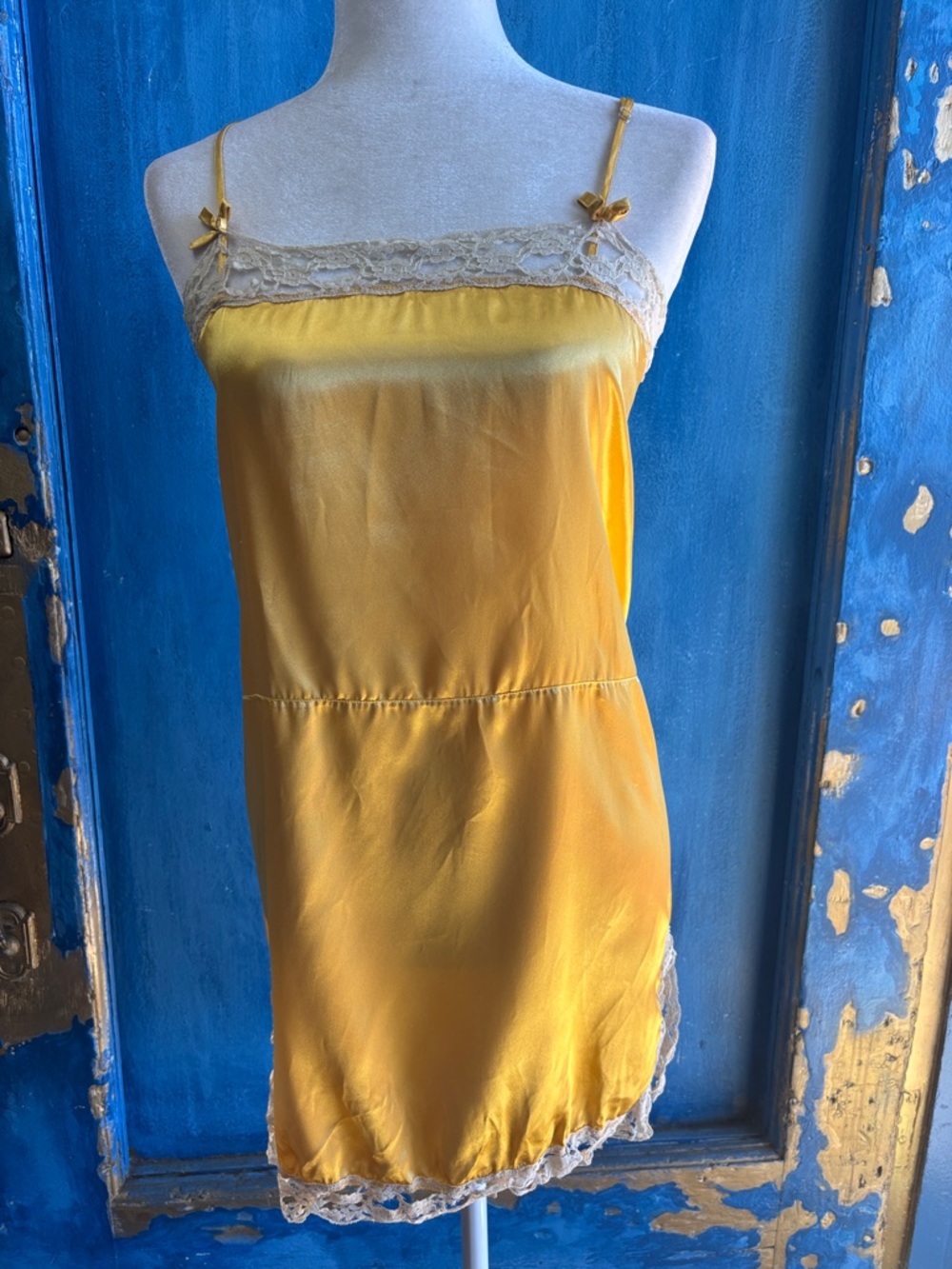Yellow Lace-Trim Satin Slip Dress